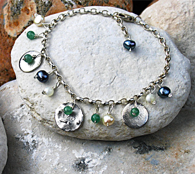 Sterling silver bracelet with freshwater pearls, aventurine and mother of pearl