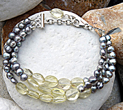 Sterling silver bracelet with grey freshwater pearls and lemon quartz