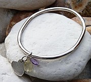 Sterling silver oval bangle with chunky silver heart, ametrine and lemon quartz