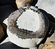 3 strand sterling silver bracelet with rose quartz and grey Swarovski crystal opals