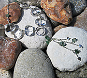 Sterling silver necklace with crystal quartz, silver hearts and green aventurine
