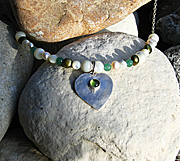 Sterling silver heart necklace with peridot, green aventurine, mother of pearl and freshwater pearls