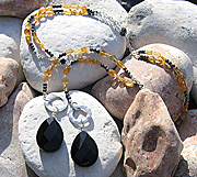 Sterling silver wrap over necklace with onyx, haematite, swarovski crystal & citrine. Total length 100cm