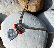 Necklace with sterling silver heart, coral and turquoise on 3 snake chains (chain length 47cm)