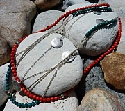 5 chained sterling silver necklace - 2 snake chains, 1 chain with silver discs, 2 chains with coral & turquoise