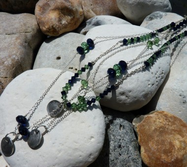 Sterling silver, erinite and indigo blue opal necklace (3 chains, longest chain total length 70cm)